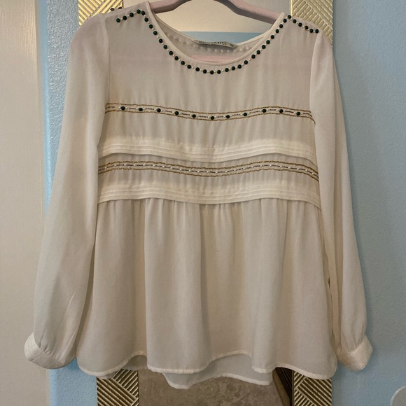 Zara Semi Sheer White with Emerald and Gold Beaded Chiffon Blouse - Picture 4 of 9